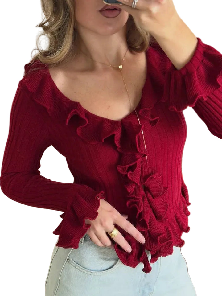 Women’s Ribbed Knit Ruffle Long Sleeve Top