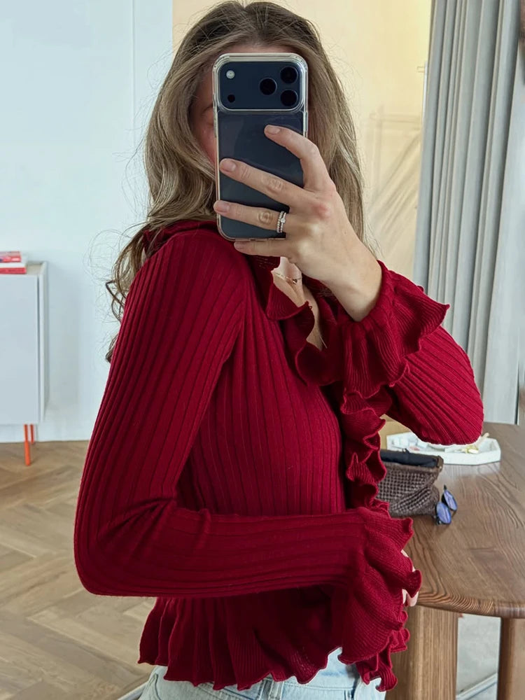 Women’s Ribbed Knit Ruffle Long Sleeve Top