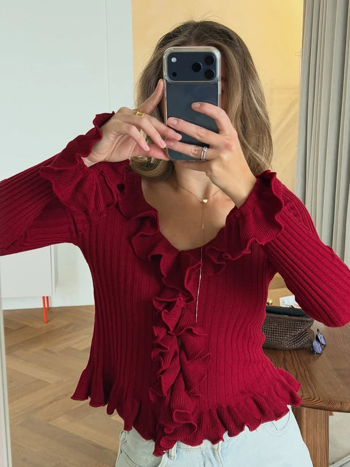 Women’s Ribbed Knit Ruffle Long Sleeve Top
