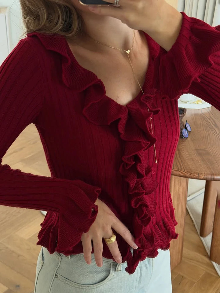 Women’s Ribbed Knit Ruffle Long Sleeve Top