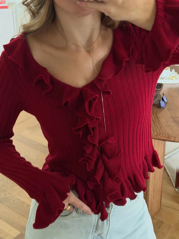 Women’s Ribbed Knit Ruffle Long Sleeve Top
