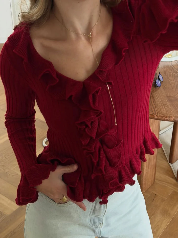 Women’s Ribbed Knit Ruffle Long Sleeve Top