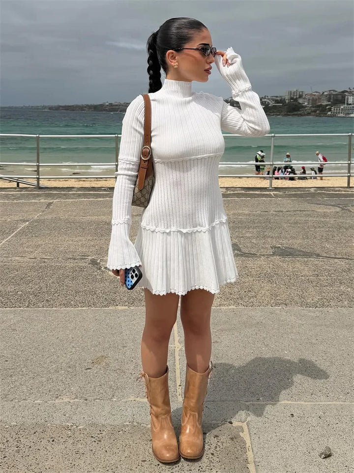 Women’s Ribbed Long Sleeve Mini Dress with High Neck