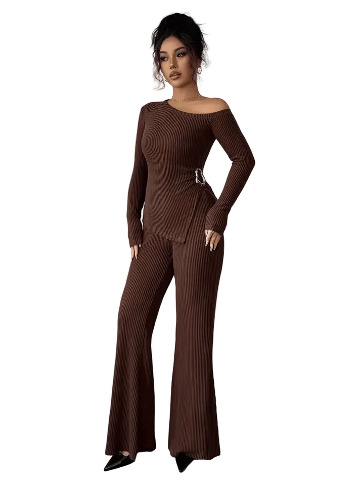 Women’s Ribbed Long Sleeve Top and Wide Leg Trousers Set
