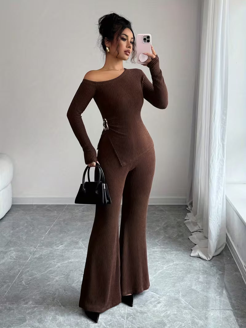 Women’s Ribbed Long Sleeve Top and Wide Leg Trousers Set