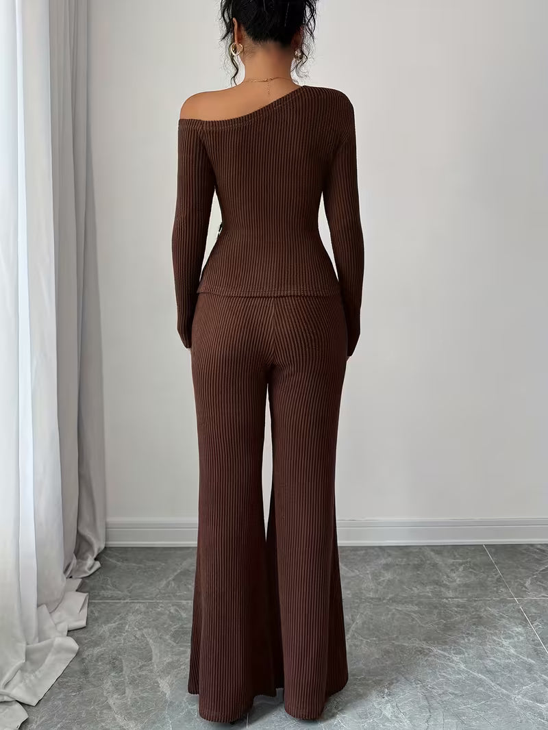 Women’s Ribbed Long Sleeve Top and Wide Leg Trousers Set