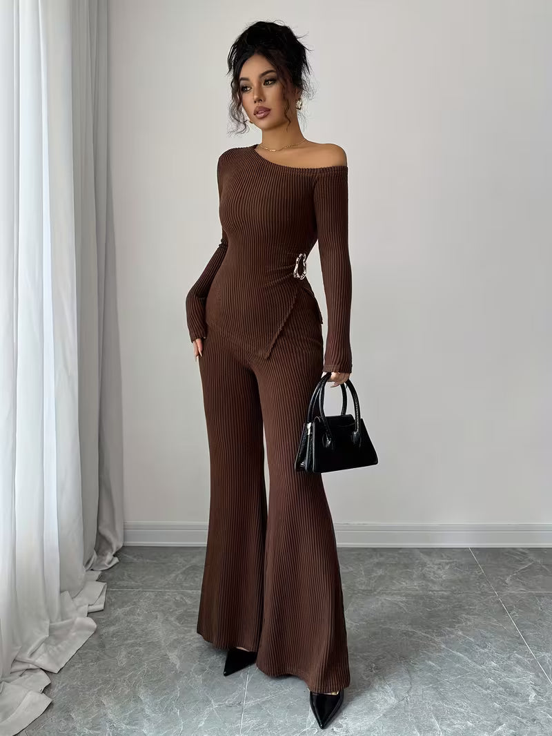 Women’s Ribbed Long Sleeve Top and Wide Leg Trousers Set