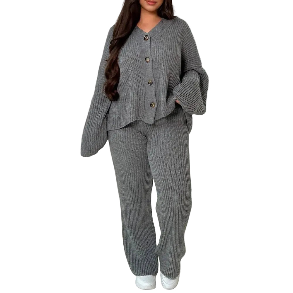 Women’s Ribbed Two-Piece Knit Set with Buttoned Long Sleeve Top and Straight-Leg Trousers