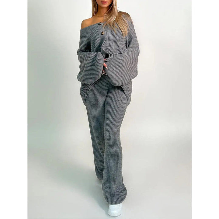 Women’s Ribbed Two-Piece Knit Set with Buttoned Long Sleeve Top and Straight-Leg Trousers