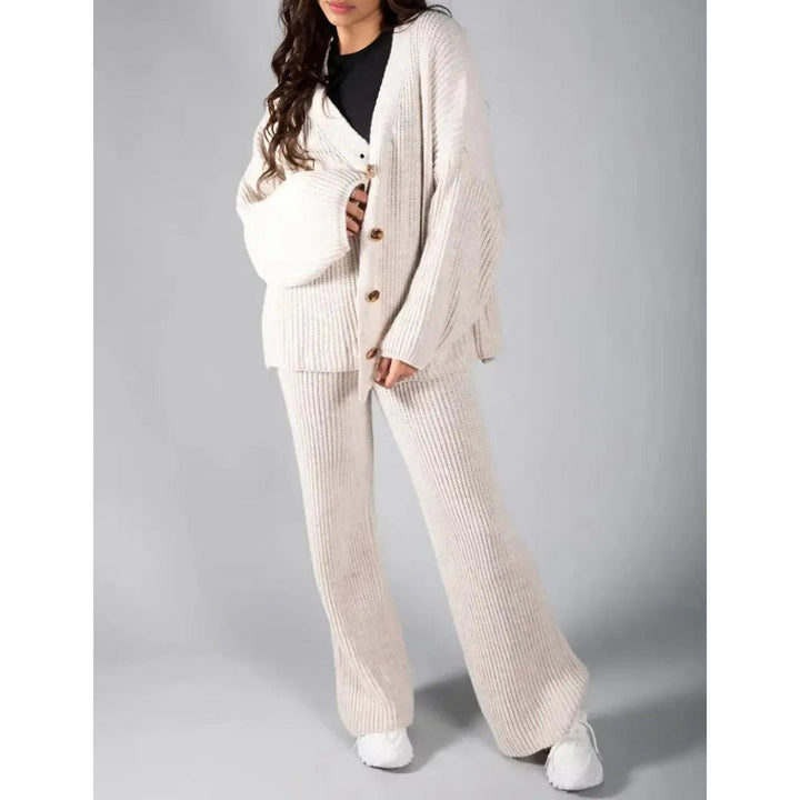 Women’s Ribbed Two-Piece Knit Set with Buttoned Long Sleeve Top and Straight-Leg Trousers