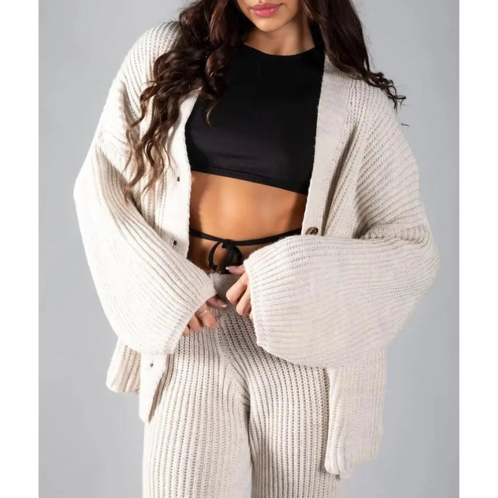 Women’s Ribbed Two-Piece Knit Set with Buttoned Long Sleeve Top and Straight-Leg Trousers