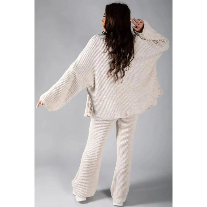 Women’s Ribbed Two-Piece Knit Set with Buttoned Long Sleeve Top and Straight-Leg Trousers