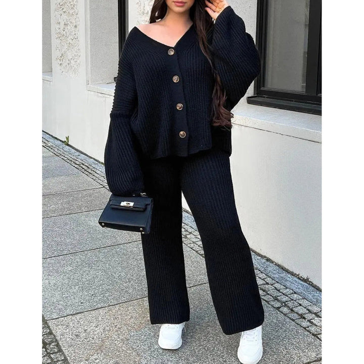 Women’s Ribbed Two-Piece Knit Set with Buttoned Long Sleeve Top and Straight-Leg Trousers