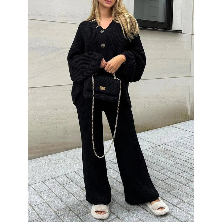 Women’s Ribbed Two-Piece Knit Set with Buttoned Long Sleeve Top and Straight-Leg Trousers