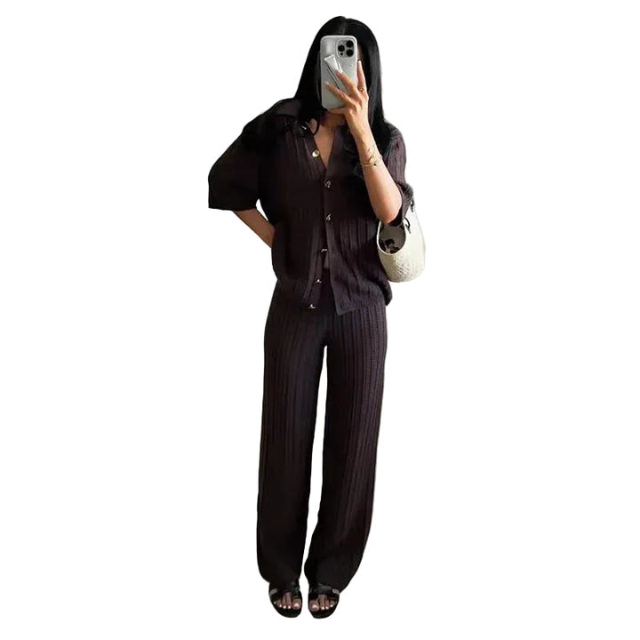 Women’s Ribbed Two-Piece Knit Set with Short Sleeve Buttoned Top and Straight-Leg Trousers