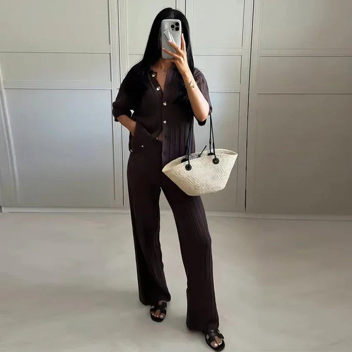 Women’s Ribbed Two-Piece Knit Set with Short Sleeve Buttoned Top and Straight-Leg Trousers