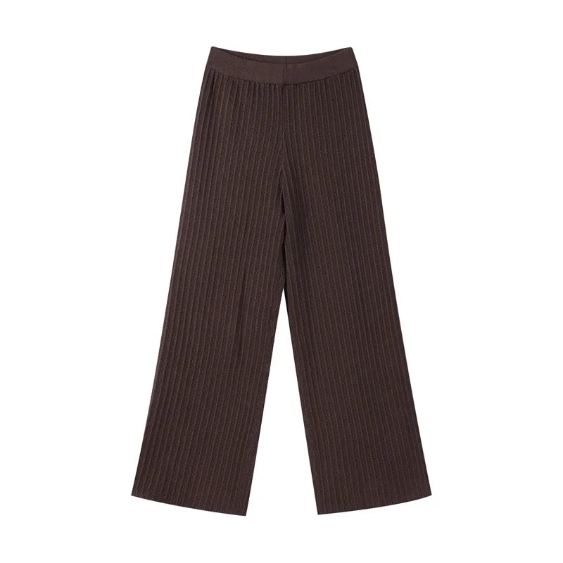 Women’s Ribbed Two-Piece Knit Set with Short Sleeve Buttoned Top and Straight-Leg Trousers