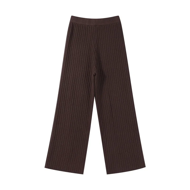 Women’s Ribbed Two-Piece Knit Set with Short Sleeve Buttoned Top and Straight-Leg Trousers