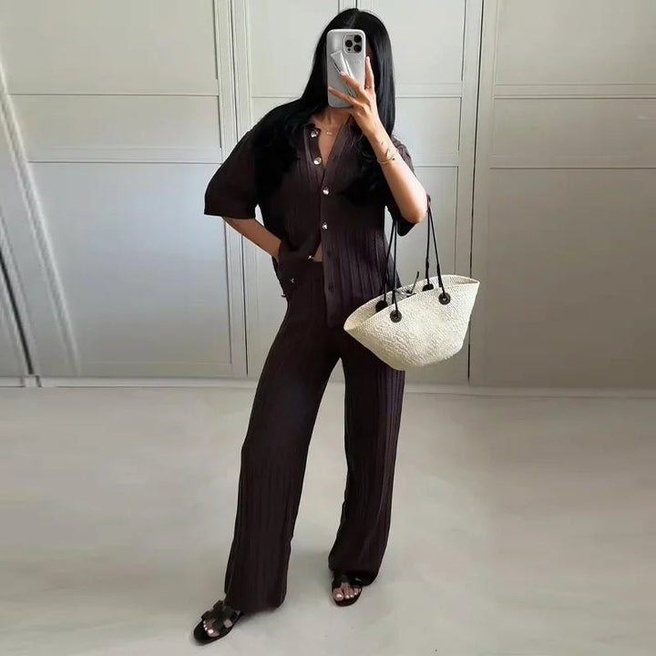 Women’s Ribbed Two-Piece Knit Set with Short Sleeve Buttoned Top and Straight-Leg Trousers