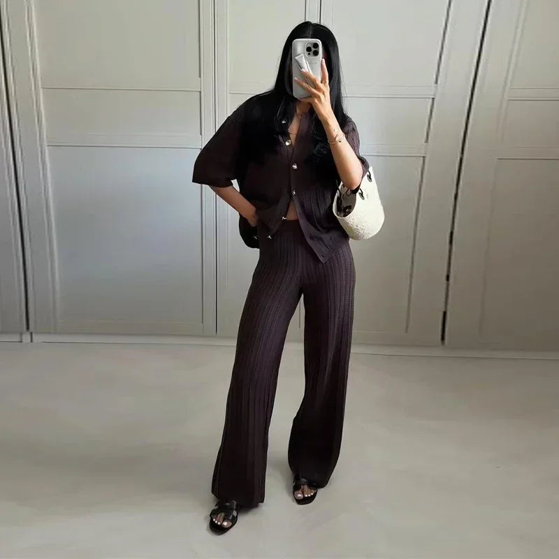 Women’s Ribbed Two-Piece Knit Set with Short Sleeve Buttoned Top and Straight-Leg Trousers