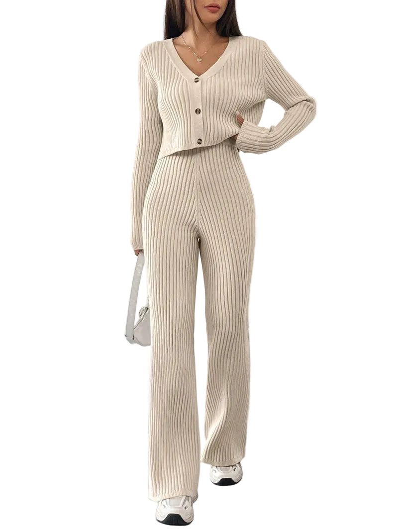 Women’s Ribbed Two-Piece Knit Set with Buttoned Top and Straight-Leg Trousers