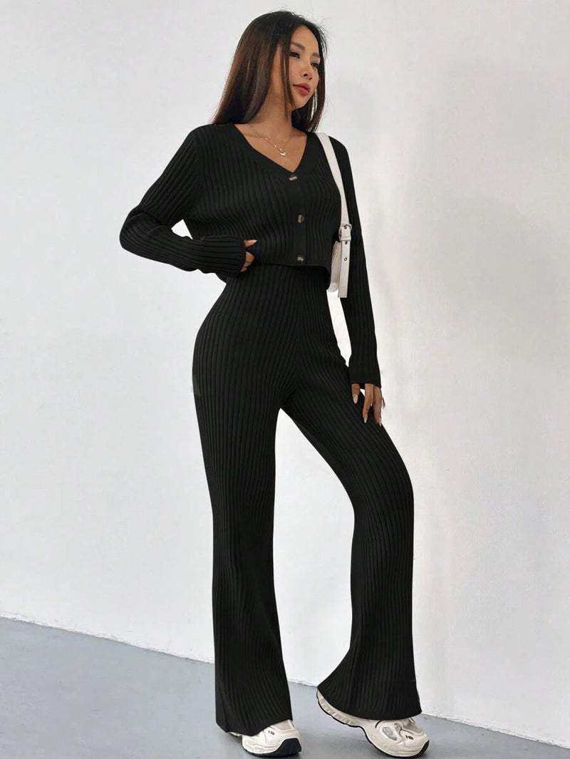 Women’s Ribbed Two-Piece Knit Set with Buttoned Top and Straight-Leg Trousers