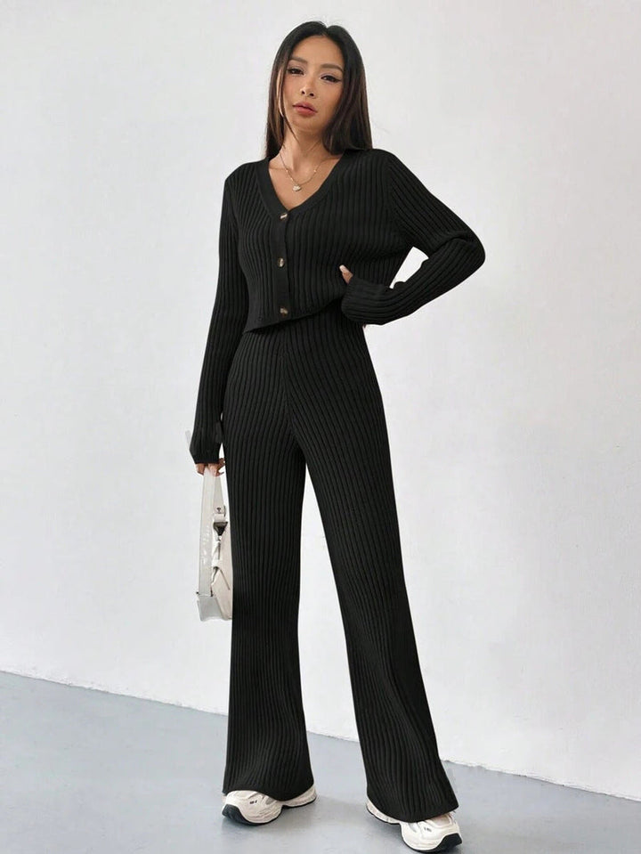 Women’s Ribbed Two-Piece Knit Set with Buttoned Top and Straight-Leg Trousers