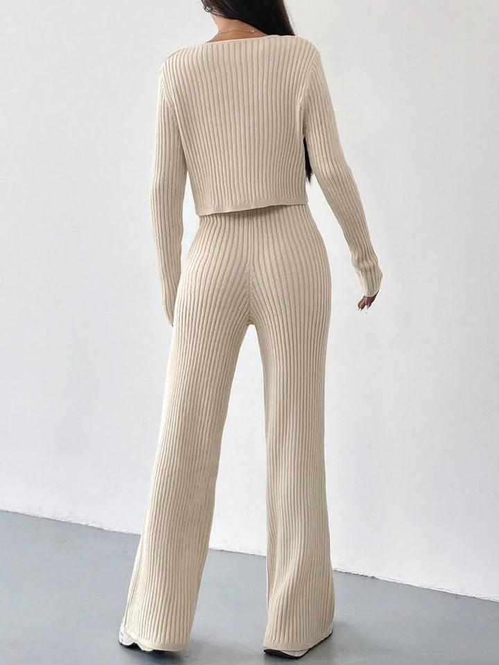 Women’s Ribbed Two-Piece Knit Set with Buttoned Top and Straight-Leg Trousers