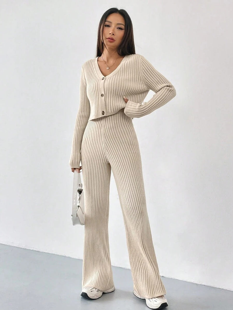 Women’s Ribbed Two-Piece Knit Set with Buttoned Top and Straight-Leg Trousers