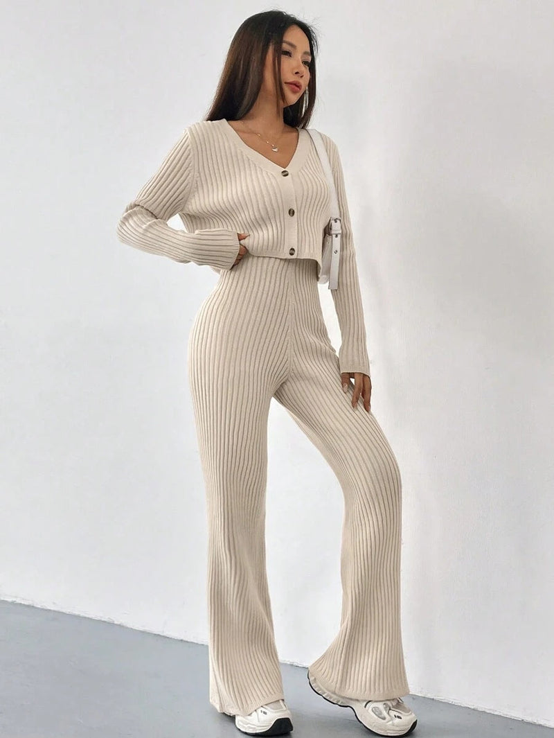 Women’s Ribbed Two-Piece Knit Set with Buttoned Top and Straight-Leg Trousers
