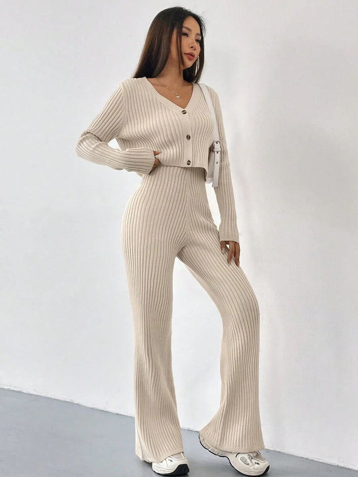 Women’s Ribbed Two-Piece Knit Set with Buttoned Top and Straight-Leg Trousers