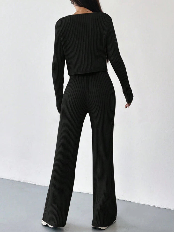 Women’s Ribbed Two-Piece Knit Set with Buttoned Top and Straight-Leg Trousers