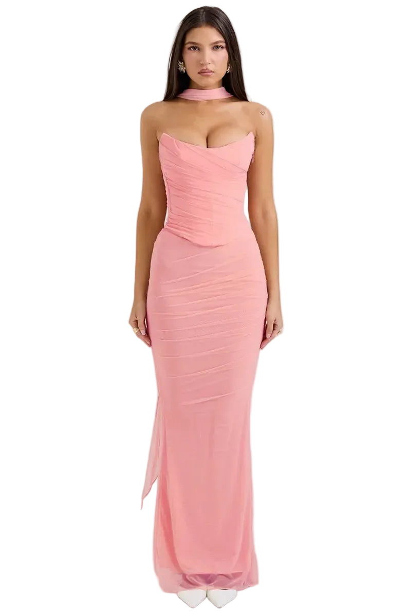 Women’s Strapless Ruched Maxi Dress with Choker Detail