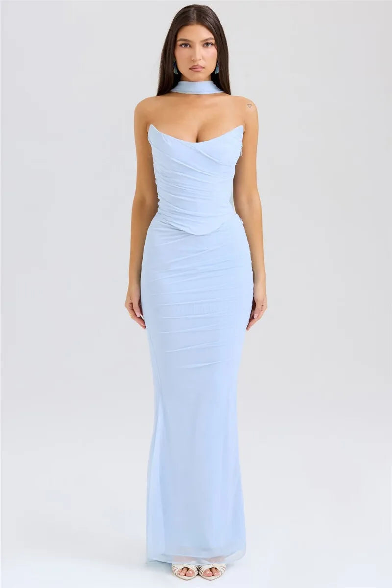Women’s Strapless Ruched Maxi Dress with Choker Detail