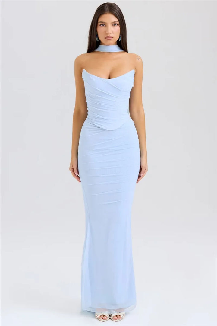Women’s Strapless Ruched Maxi Dress with Choker Detail