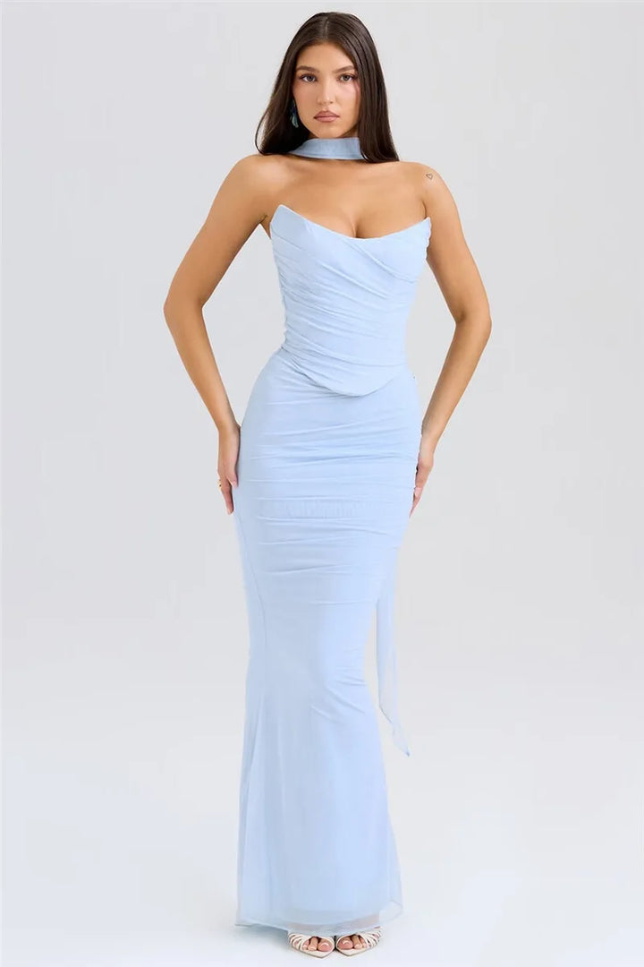 Women’s Strapless Ruched Maxi Dress with Choker Detail