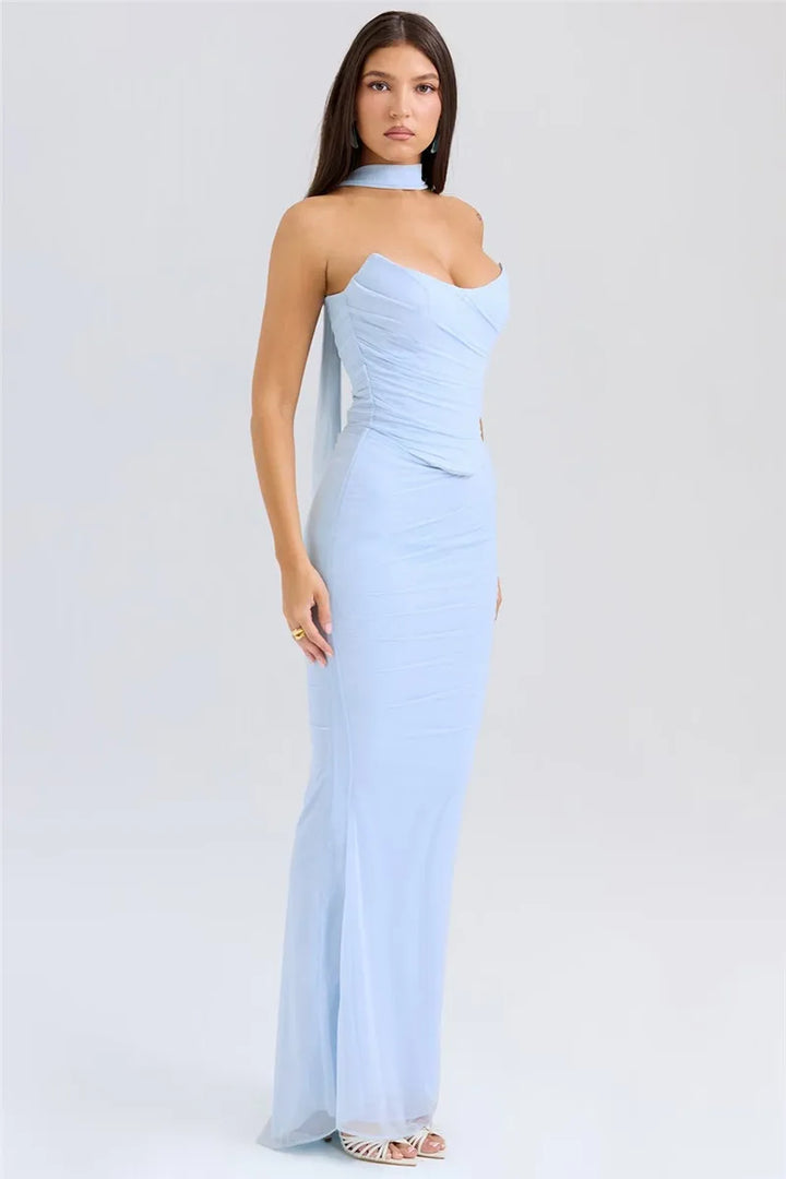 Women’s Strapless Ruched Maxi Dress with Choker Detail