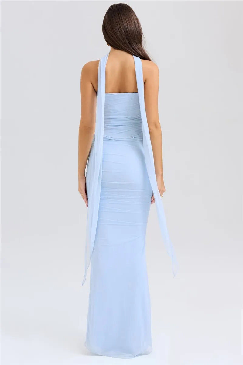 Women’s Strapless Ruched Maxi Dress with Choker Detail
