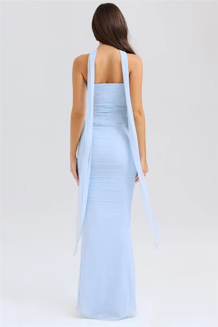 Women’s Strapless Ruched Maxi Dress with Choker Detail