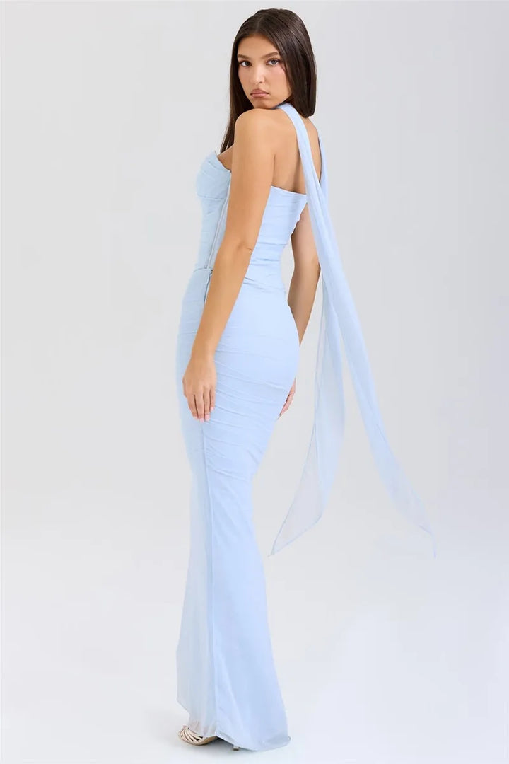 Women’s Strapless Ruched Maxi Dress with Choker Detail