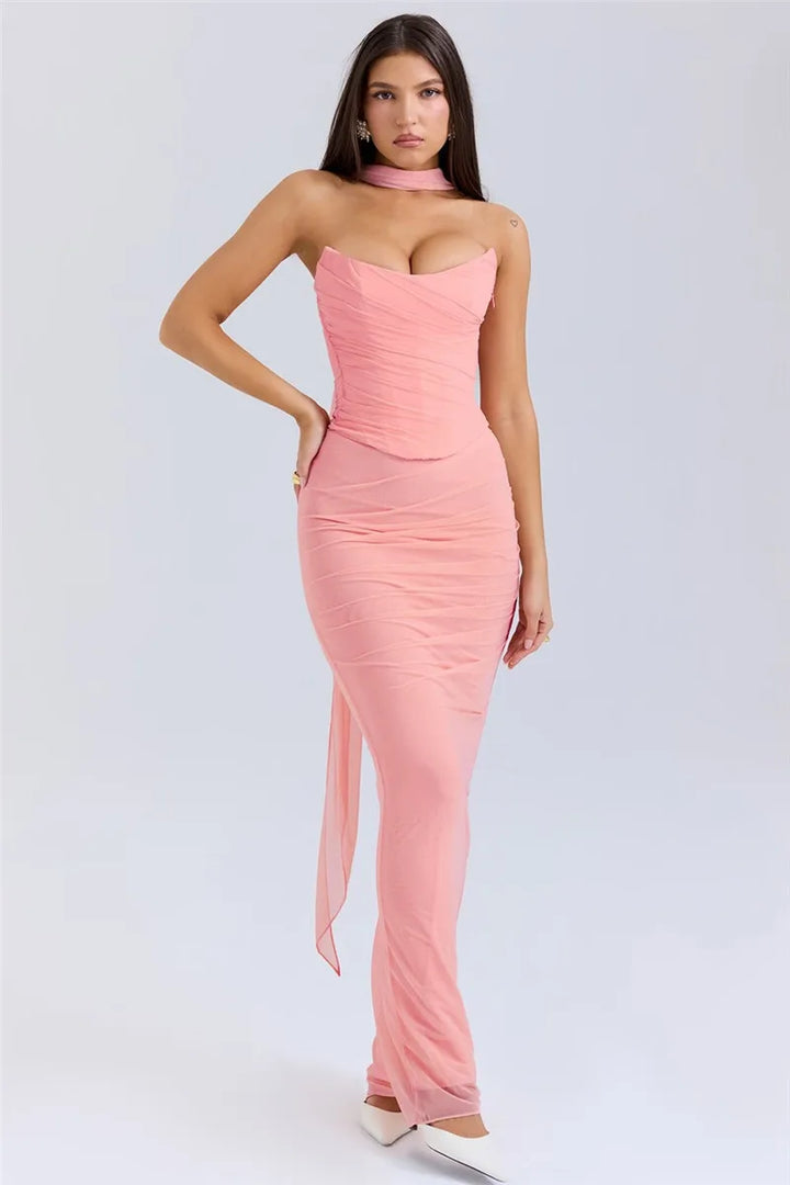 Women’s Strapless Ruched Maxi Dress with Choker Detail