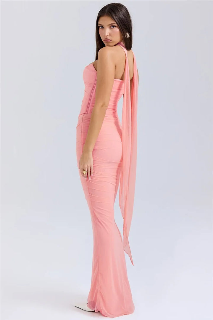 Women’s Strapless Ruched Maxi Dress with Choker Detail