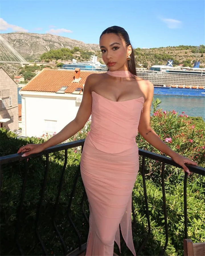Women’s Strapless Ruched Maxi Dress with Choker Detail