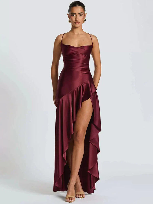 Women’s Satin Spaghetti Strap High Low Maxi Dress with Side Slit