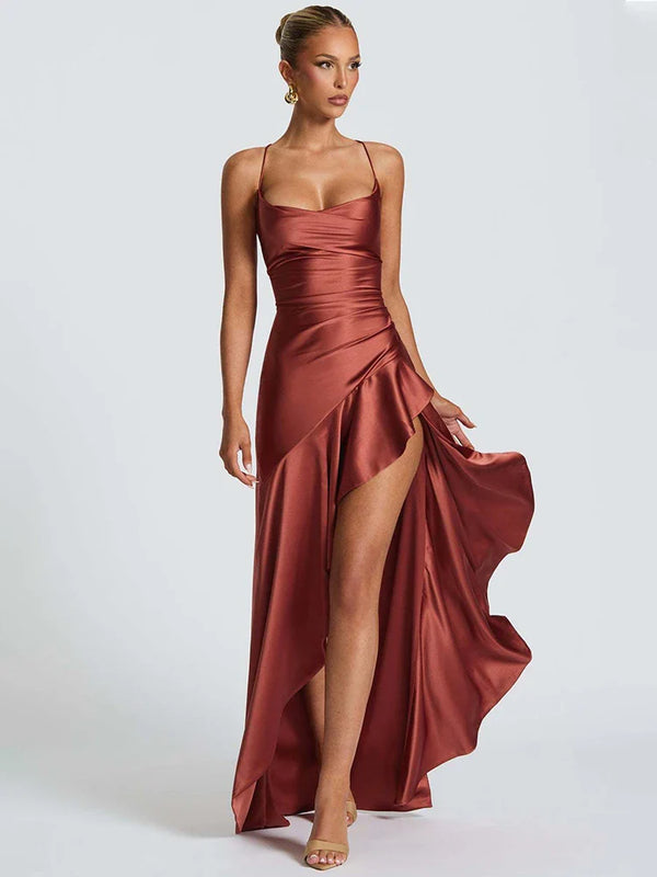 Women’s Satin Spaghetti Strap High Low Maxi Dress with Side Slit