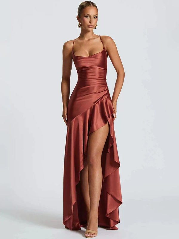 Women’s Satin Spaghetti Strap High Low Maxi Dress with Side Slit