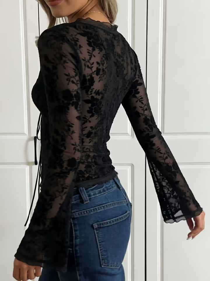 Women’s Sheer Lace Long Sleeve Tie Front Top