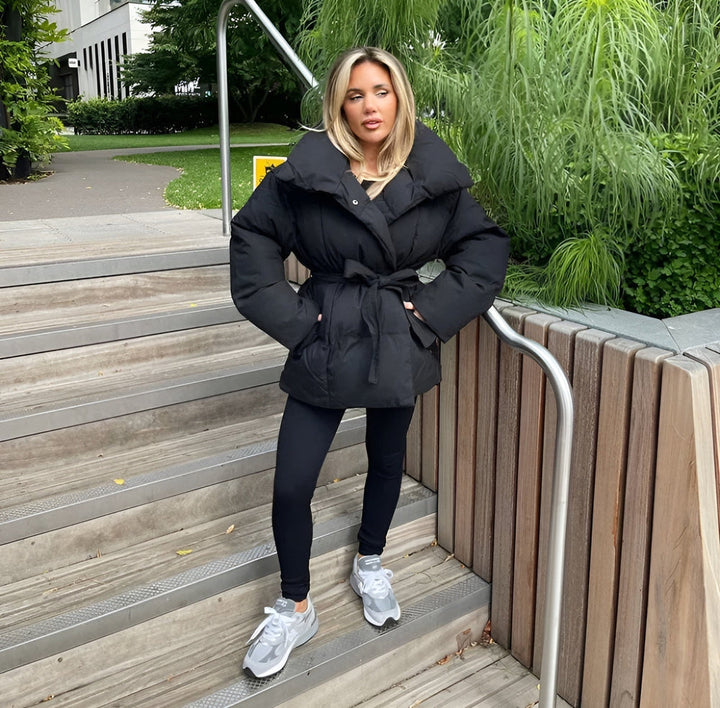 Women’s Short Quilted Puffer Jacket with Tie Waist