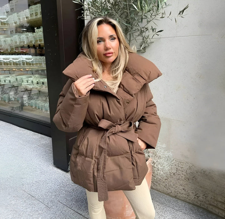 Women’s Short Quilted Puffer Jacket with Tie Waist
