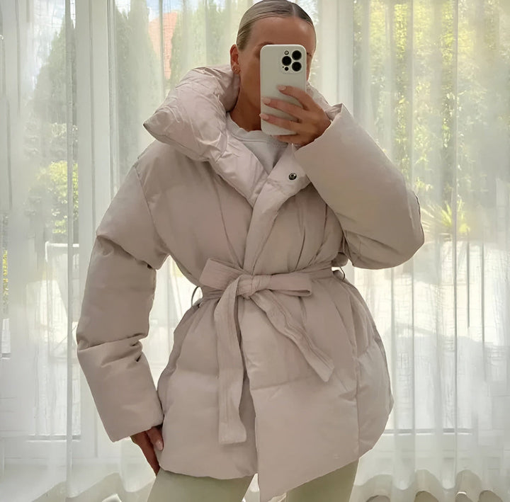 Women’s Short Quilted Puffer Jacket with Tie Waist
